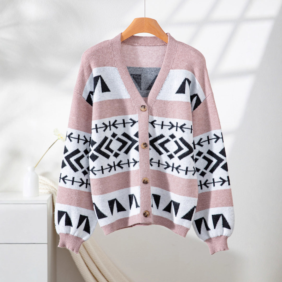 Damen gemütliche Strickjacke mit dekorativem Ethnomuster und offenem Schnitt R&B