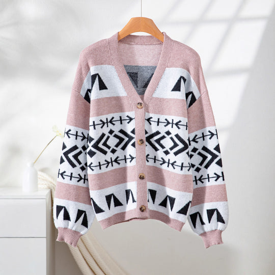 Damen gemütliche Strickjacke mit dekorativem Ethnomuster und offenem Schnitt R&B