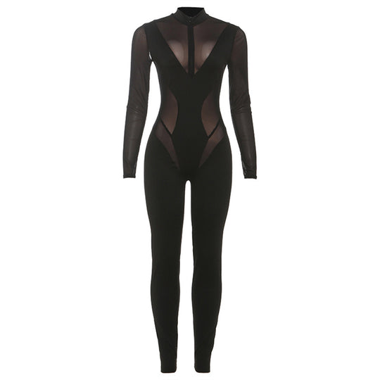 Damen Eleganter Catsuit mit transparenten Einsätzen und hohem Kragen R&B