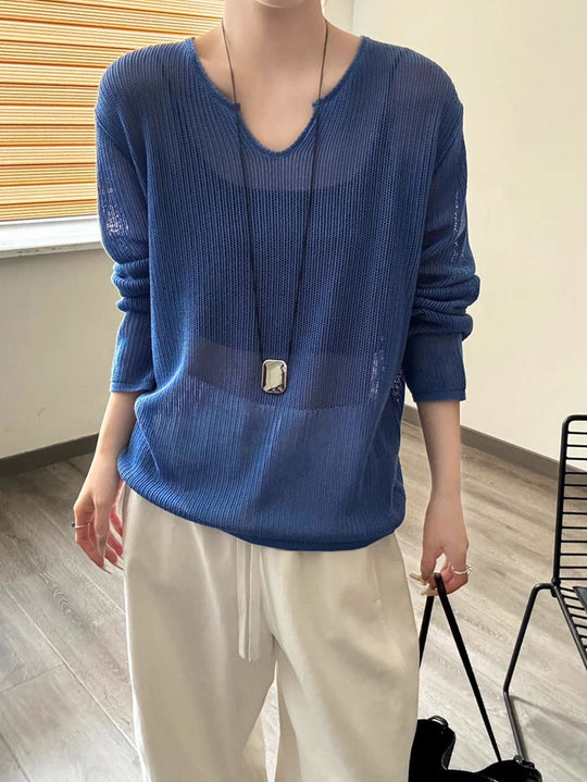 Damen luftiger Strickpullover mit V-Ausschnitt und lässigem Schnitt R&B