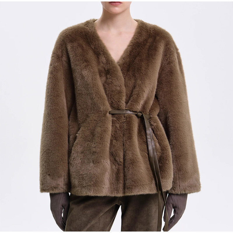 Damen Kuschelige Kunstfelljacke mit Gürtel R&B