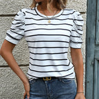 Damen gestreiftes T-Shirt mit Puffärmeln und Rundhalsausschnitt R&B