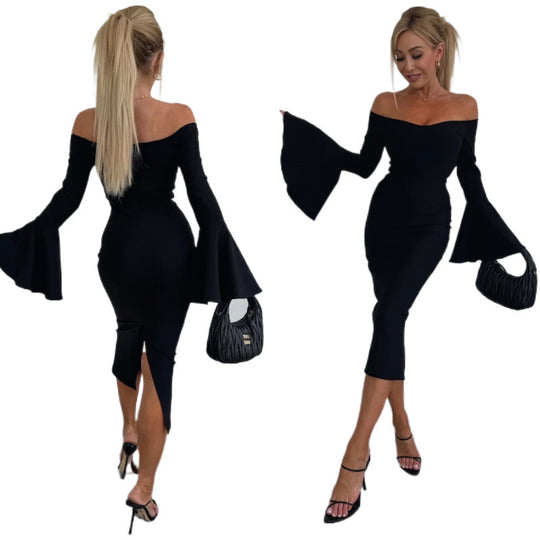 Damen Off-Shoulder Midi Kleid mit weit ausgestellten Ärmeln R&B