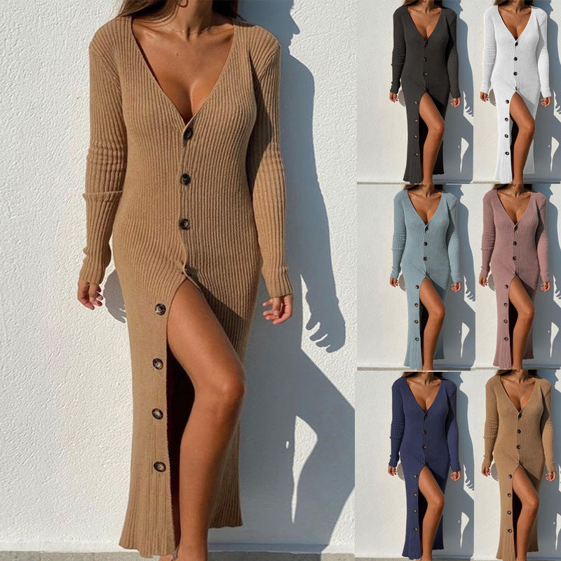 Damen Strickkleid mit Knopfleiste und Schlitzausschnitt R&B