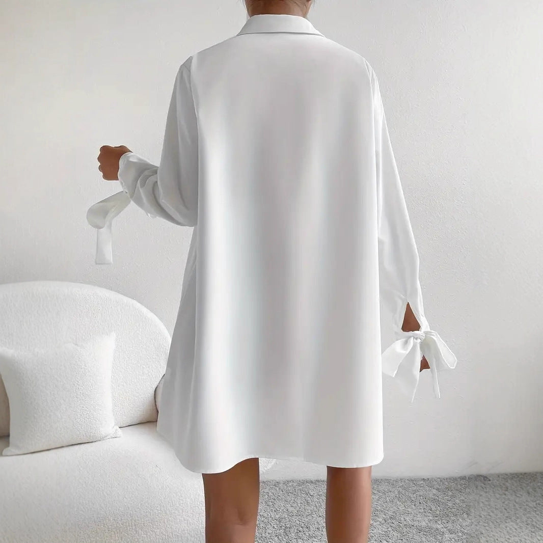 Damen Hemdblusenkleid mit eleganten Bändern an den Ärmeln R&B