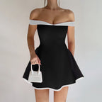 Damen Off-Shoulder Mini-Kleid mit voluminösem Rock und kontrastierenden Säumen R&B