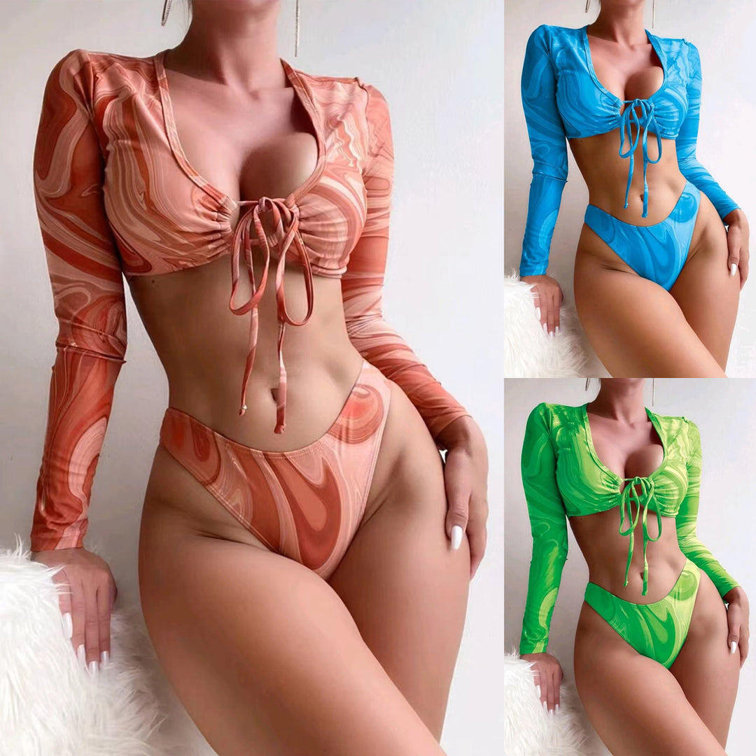 Damen Surf-Bikini-Set mit langärmligem Crop-Top und hochgeschnittenen Unterteilen R&B