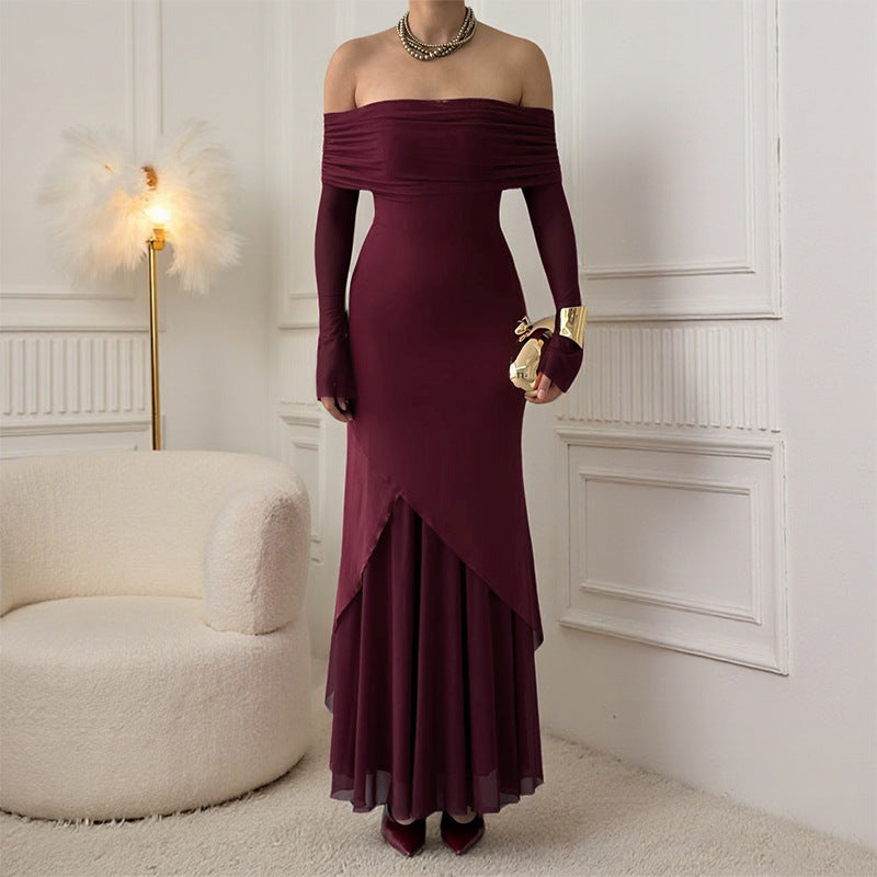 Damen elegantes schulterfreies Maxikleid mit raffiniertem Rüschenoberteil und asymmetrischem Saum R&B