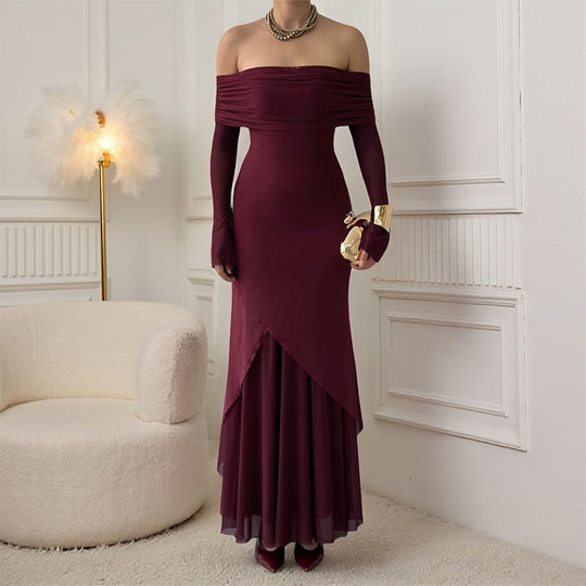 Damen elegantes schulterfreies Maxikleid mit raffiniertem Rüschenoberteil und asymmetrischem Saum R&B