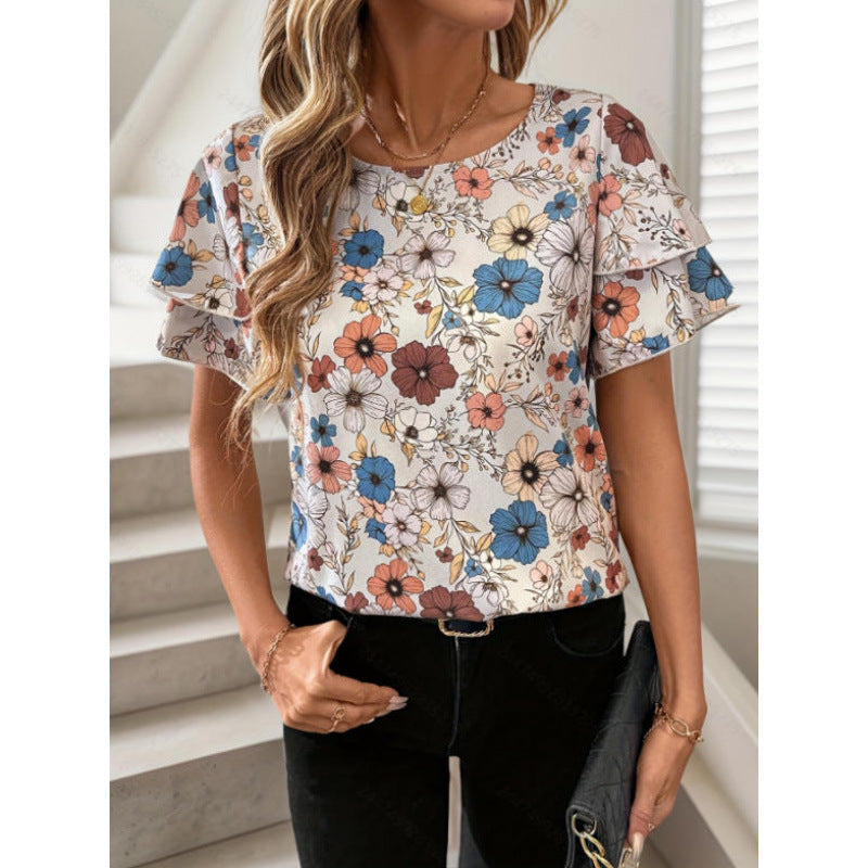 Damen Kurzarm-Bluse mit Volant und floralem Muster R&B