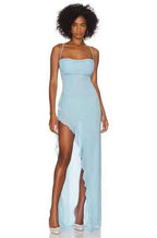 Damen elegantes Maxi-Kleid mit verführerischem Scherenschnitt und trägerlosem Design R&B