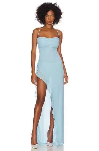Damen elegantes Maxi-Kleid mit verführerischem Scherenschnitt und trägerlosem Design R&B