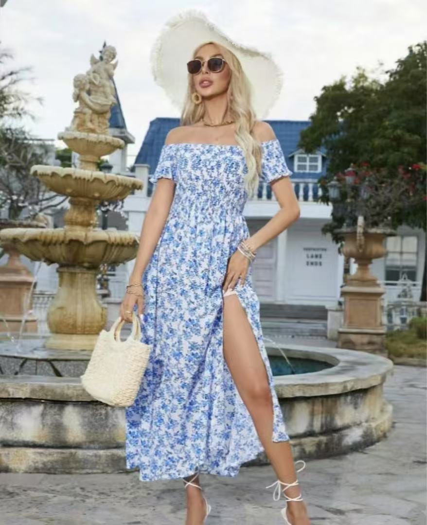 Damen luftiges Maxikleid mit schulterfreien Ärmeln und floralem Muster R&B