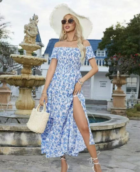 Damen luftiges Maxikleid mit schulterfreien Ärmeln und floralem Muster R&B