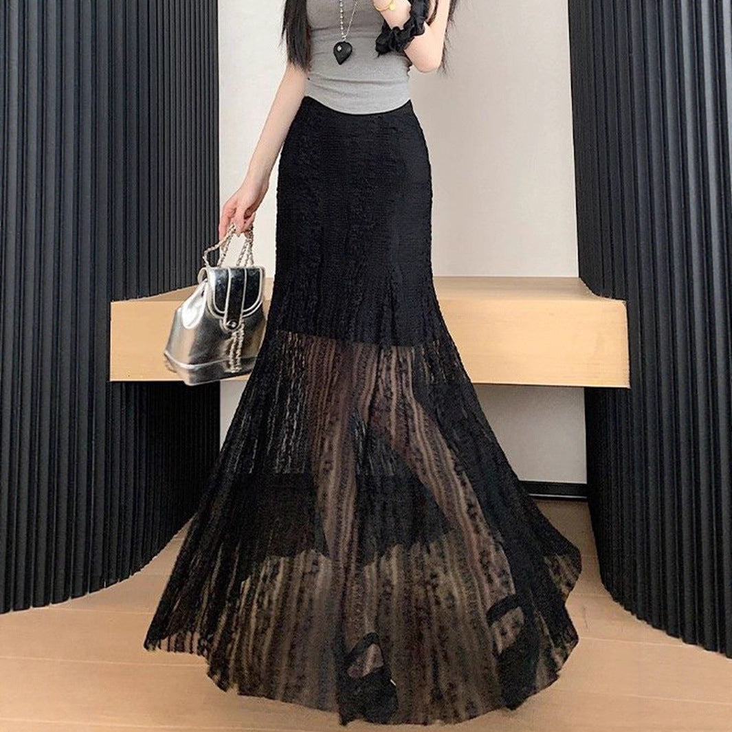 Damen Eleganter Maxi-Rock mit transparenter Spitze und Falten