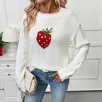Damen Strickpullover mit fruchtigem Erdbeer-Motiv und lässigem Schnitt R&B