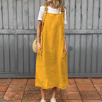 Damen lässiges Leinenkleid mit praktischen Taschen und verstellbaren Trägern R&B