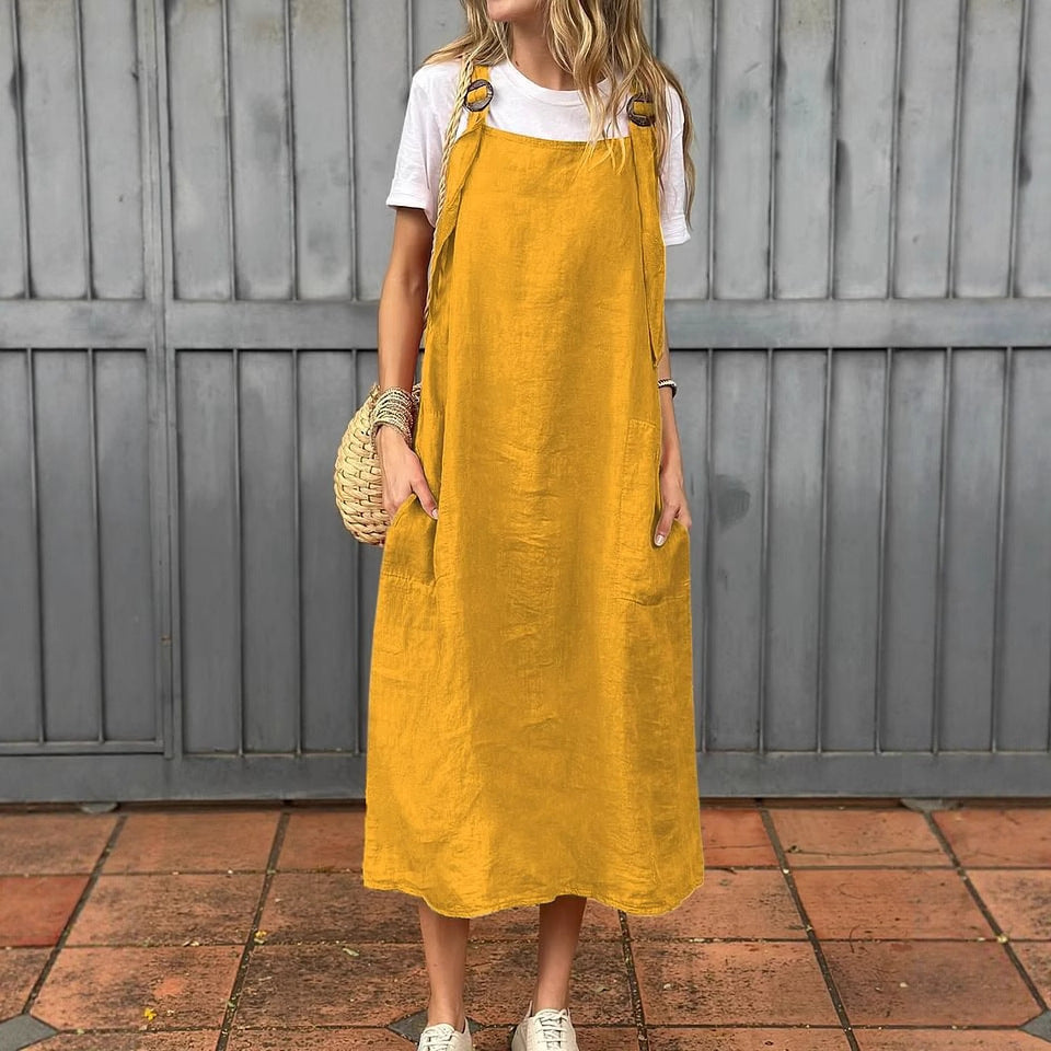 Damen lässiges Leinenkleid mit praktischen Taschen und verstellbaren Trägern R&B