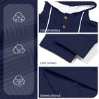 Herren nan strukturierter Kapuzen-Henley-Pullover mit Jacquardstruktur, Knopfleiste und Ellenbogenpatches R&B