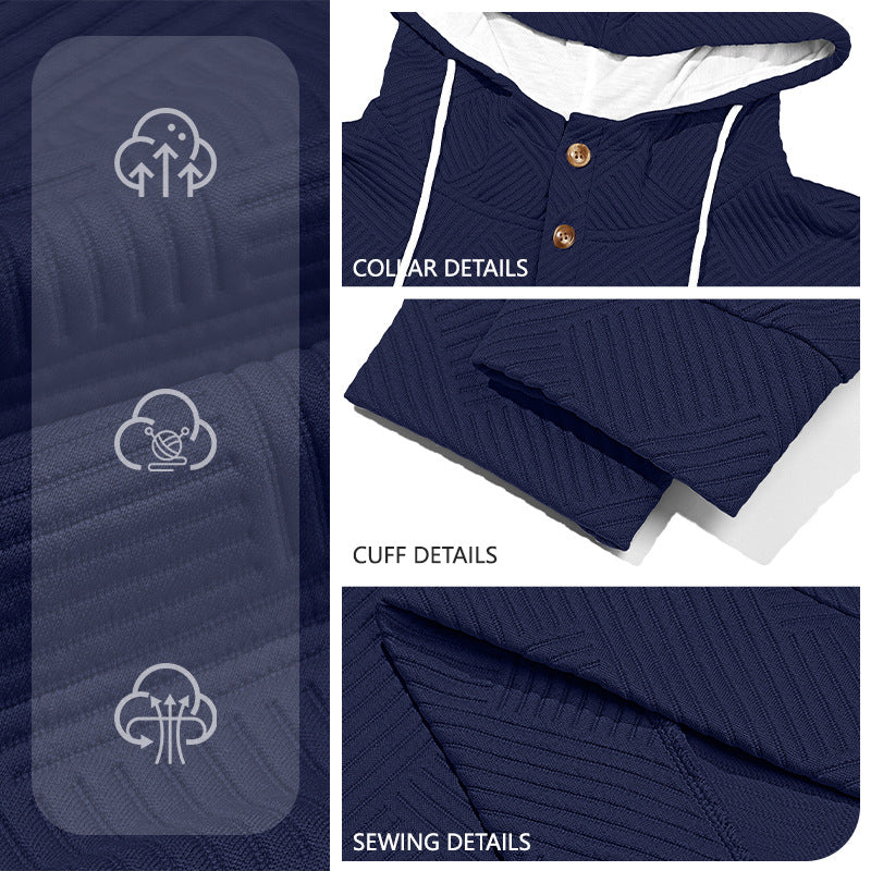 Herren nan strukturierter Kapuzen-Henley-Pullover mit Jacquardstruktur, Knopfleiste und Ellenbogenpatches R&B