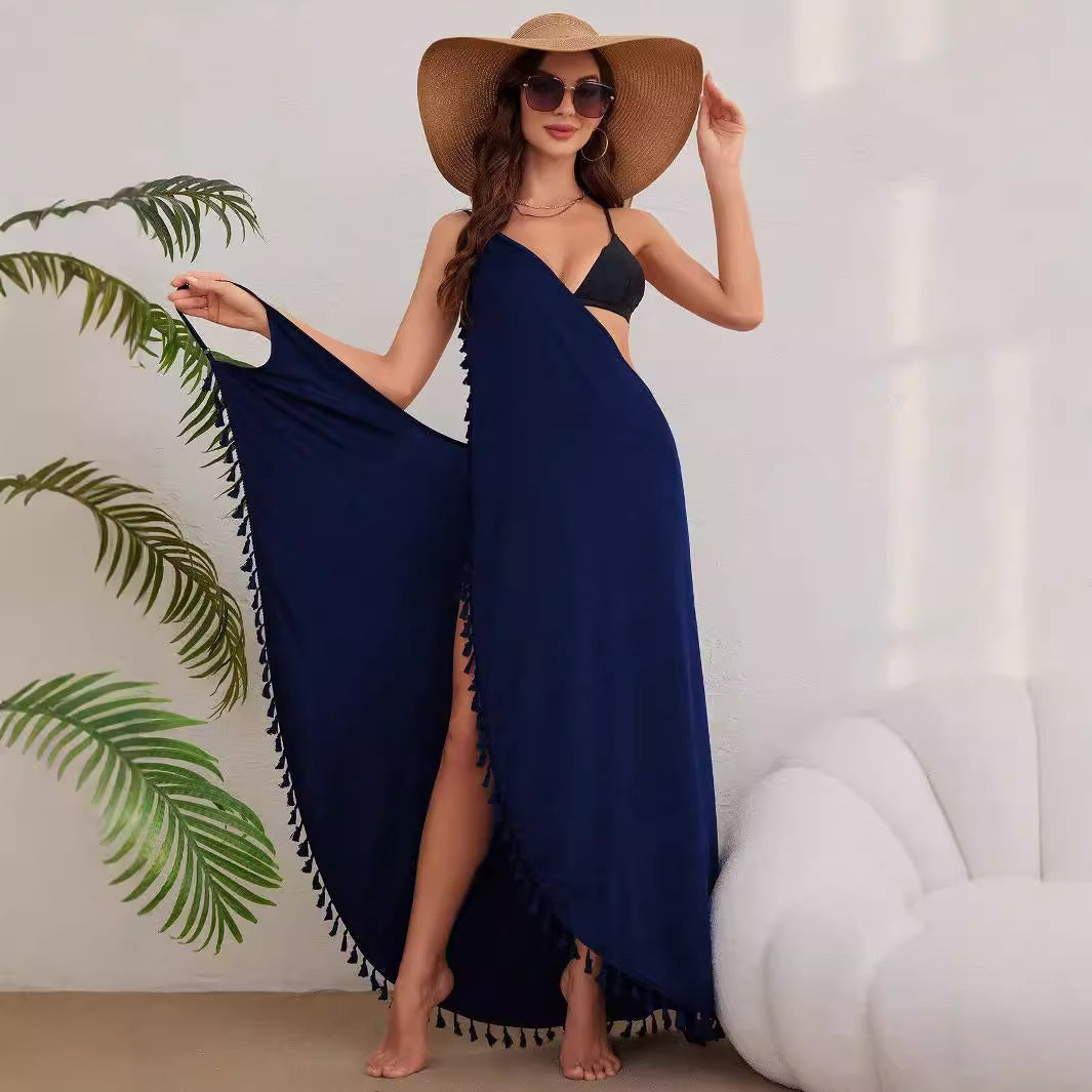 Damen Elegantes Maxikleid mit verspielten Quasten und hohem Beinschlitz R&B