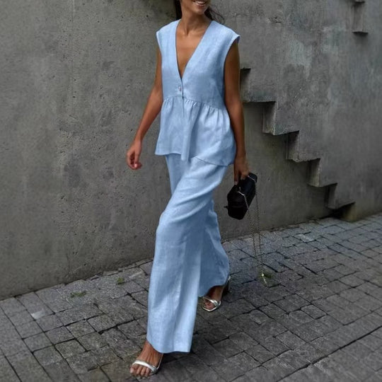 Damen lässiger und eleganter Zweiteiler aus Leinen R&B