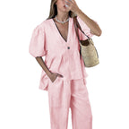 Damen elegantes Oberteil mit hohem Bund und weiten Hosen R&B