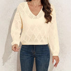 Damen V-Ausschnitt Grobstrickpullover mit filigranem Lochmuster R&B