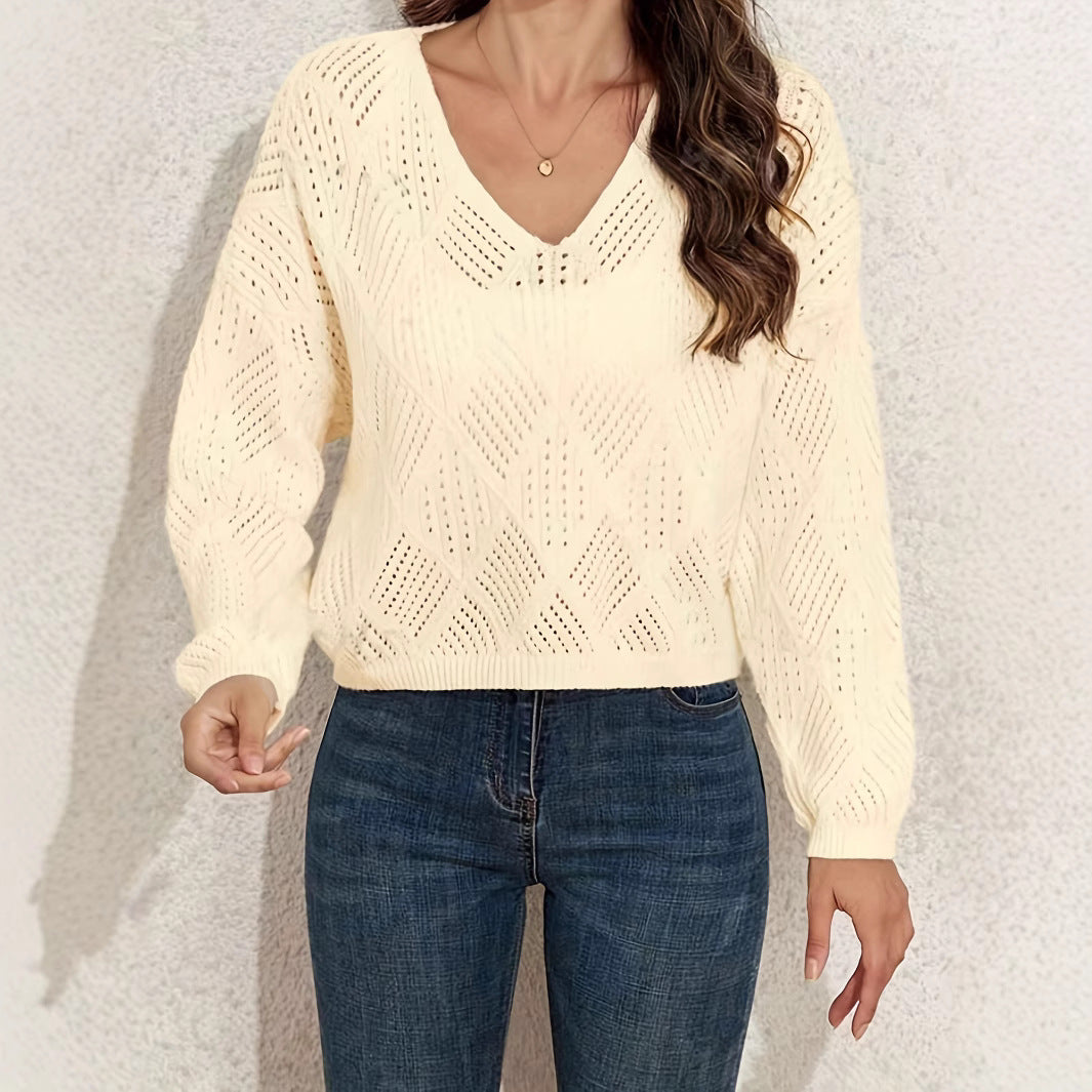 Damen V-Ausschnitt Grobstrickpullover mit filigranem Lochmuster R&B