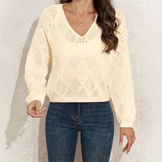 Damen V-Ausschnitt Grobstrickpullover mit filigranem Lochmuster R&B
