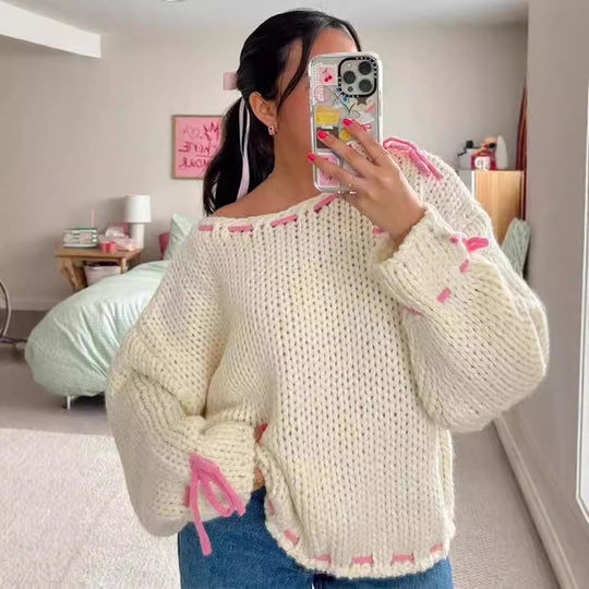 Damen Grobstrickpullover mit verspielten Details und lässigem Schnitt R&B