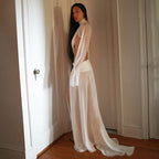 Damen elegantes Maxikleid mit durchscheinenden Ärmeln und seitlichem Schlitz R&B