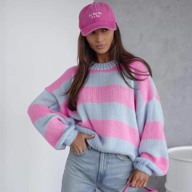 Damen lässiger Strickpullover mit luftiger Struktur und lockeren Ärmeln R&B