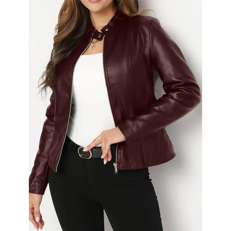 Damen Kunstlederjacke mit Stehkragen und asymmetrischem Reißverschluss
