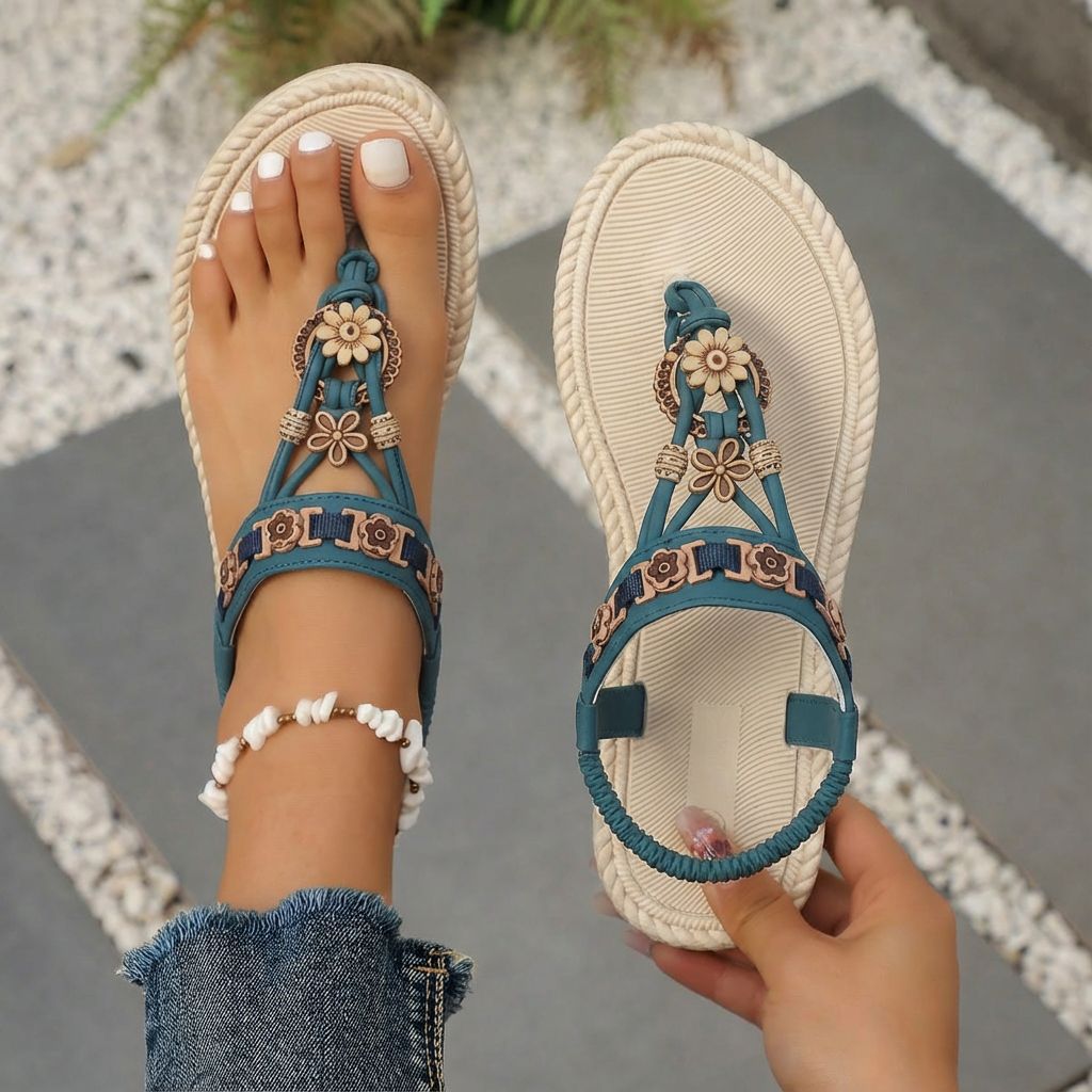 Damen Designer-Zehentrenner mit floralen Akzenten und elastischem Riemen R&B