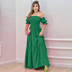 Damen Off-Shoulder Maxikleid mit voluminösen Puffärmeln und nostalgischer Raffung R&B