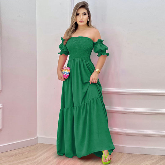 Damen Off-Shoulder Maxikleid mit voluminösen Puffärmeln und nostalgischer Raffung R&B