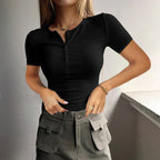 Damen Kurzarm Shirt mit dekorativen Knopfdetails R&B