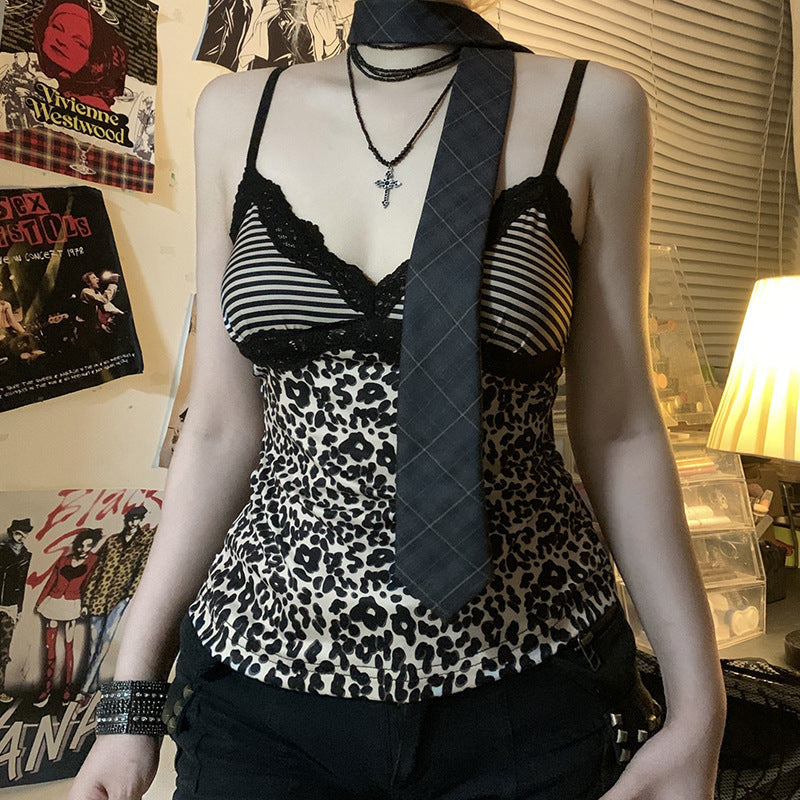 Damen Spaghetti-Trägertop mit elegantem Spitzenbesatz und R&Brnem Leopardenmuster R&B