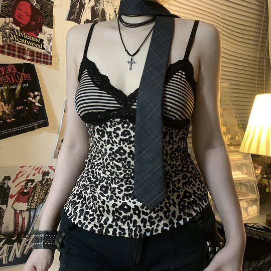 Damen Spaghetti-Trägertop mit elegantem Spitzenbesatz und modernem Leopardenmuster R&B