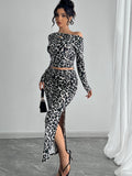 Damen Off-Shoulder Kombination mit Leopardenmuster und hohem Schlitz R&B
