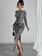 Damen Off-Shoulder Kombination mit Leopardenmuster und hohem Schlitz R&B