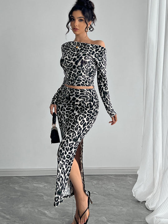 Damen Figurbetontes 2-teilige Set mit leopard Print und asymmetrischem Ausschnitt R&B