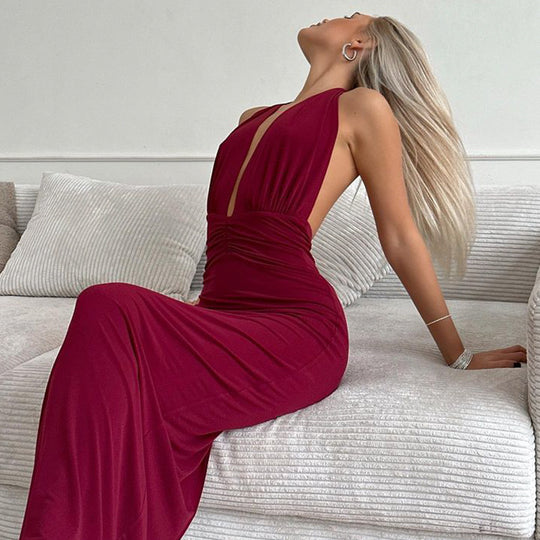 Damen elegantes Abendkleid mit tiefem V-Ausschnitt und figurbetonter Silhouette R&B