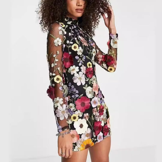 Damen Gesticktes Blumenkleid R&B