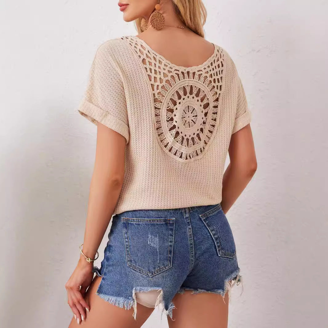 Damen Cropped Strickoberteil mit Häkel-Details R&B