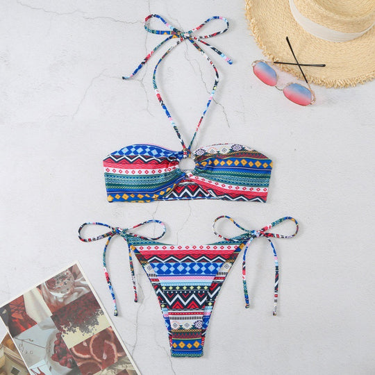 Damen Bandeau-Bikini mit verstellbaren Bindebändern und farbenfrohem Muster R&B
