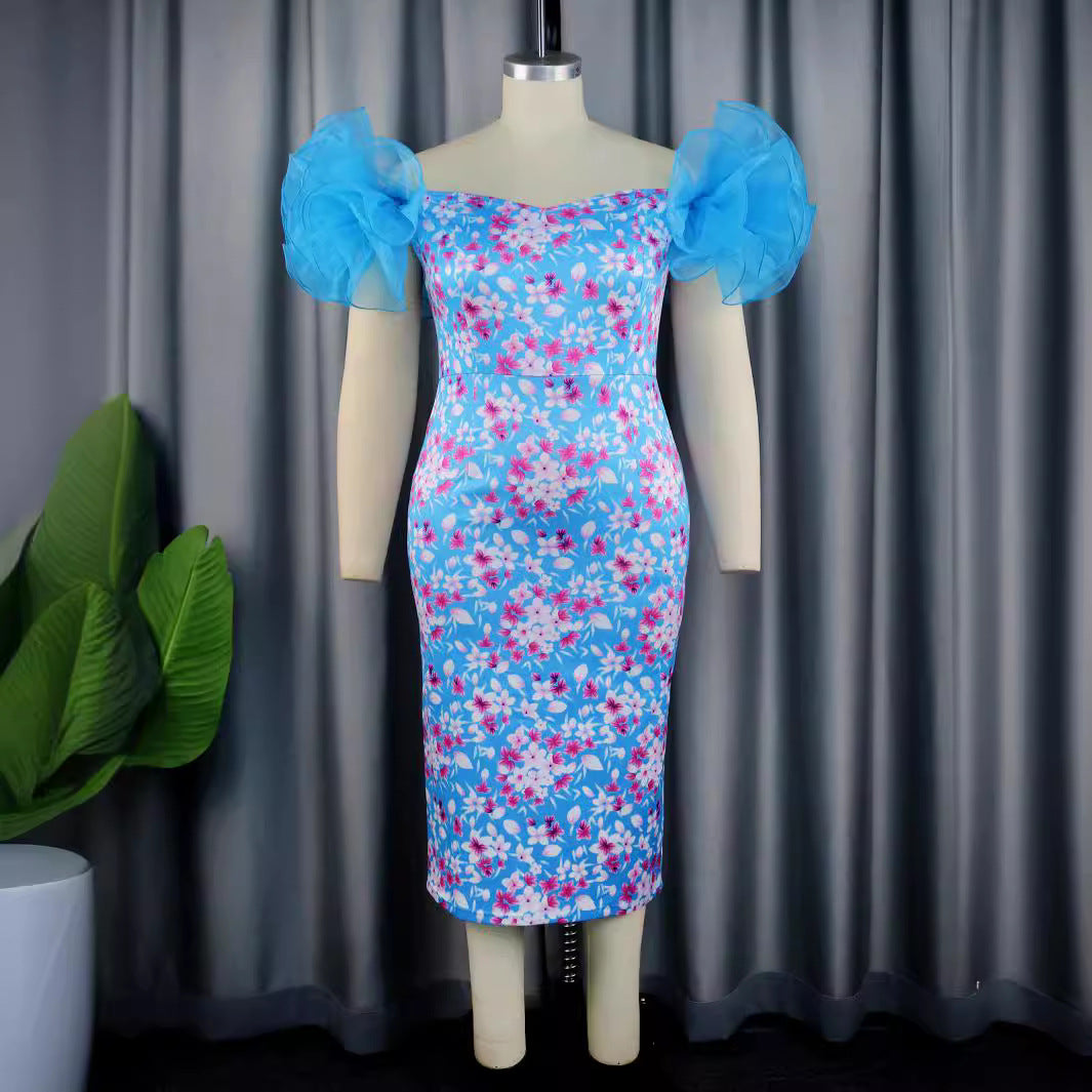 Damen Elegantes Kleid mit floralen Applikationen und transparenten Puffärmeln R&B