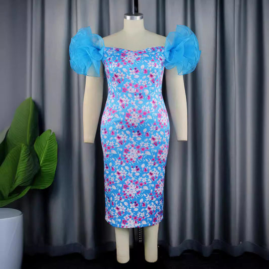 Damen Elegantes Kleid mit floralen Applikationen und transparenten Puffärmeln R&B