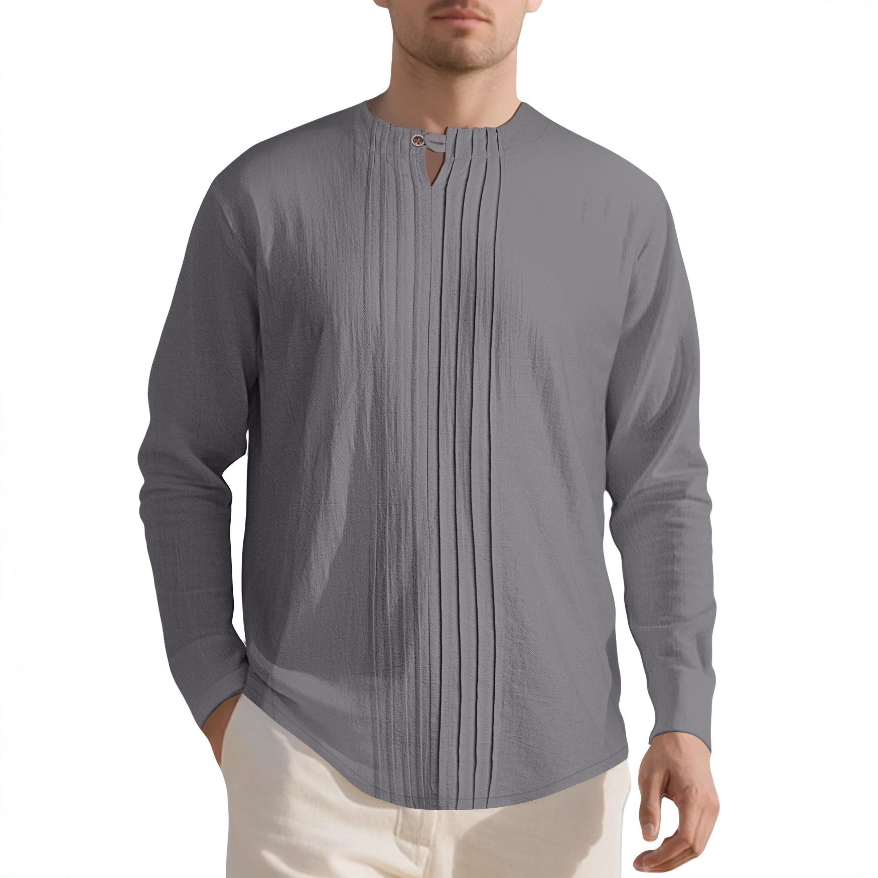 Herren Langarmshirt mit modischem Henley-Ausschnitt und Faltenstruktur R&B